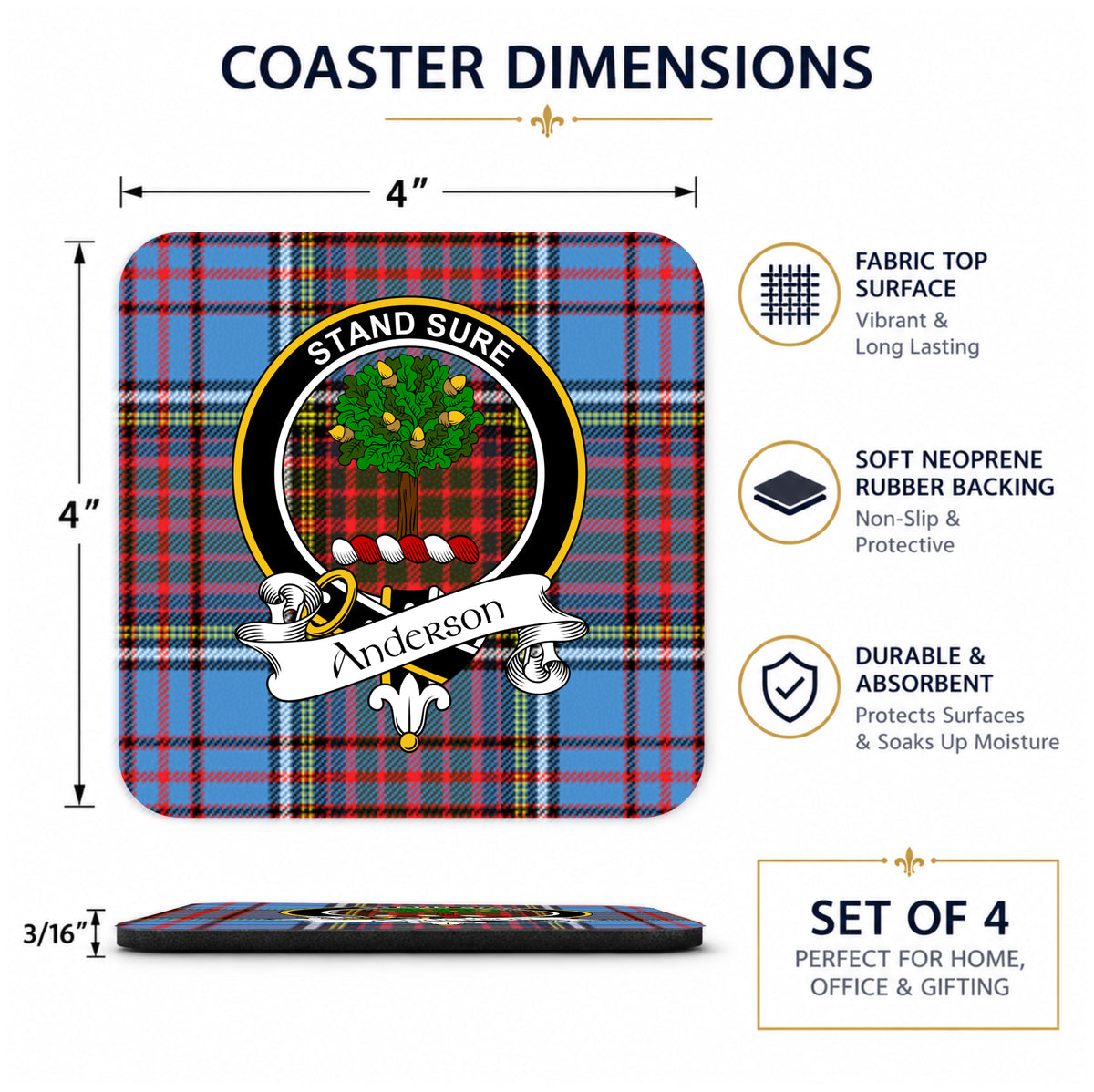 Scottish Clan Crest Rubber Coasters - Black Design Set of 4