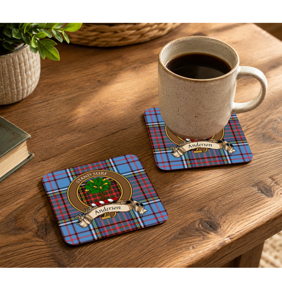 Anderson Scottish Clan Crest Rubber Coasters - Brown Design Set of 4