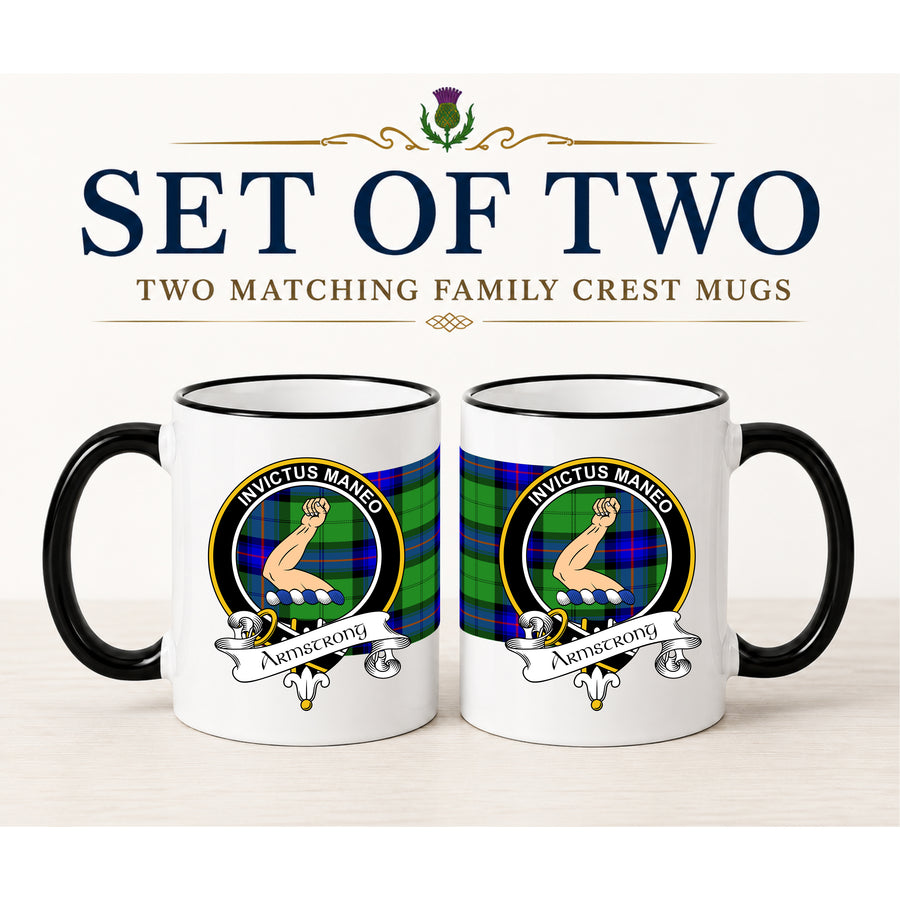 Armstrong Scottish Clan Crest 11 oz Mugs – Black Crest Design | Set of 2