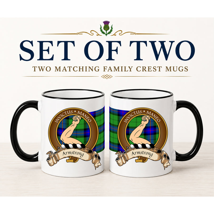 Armstrong Scottish Clan Crest 11 oz Mugs – Brown Crest Design | Set of 2