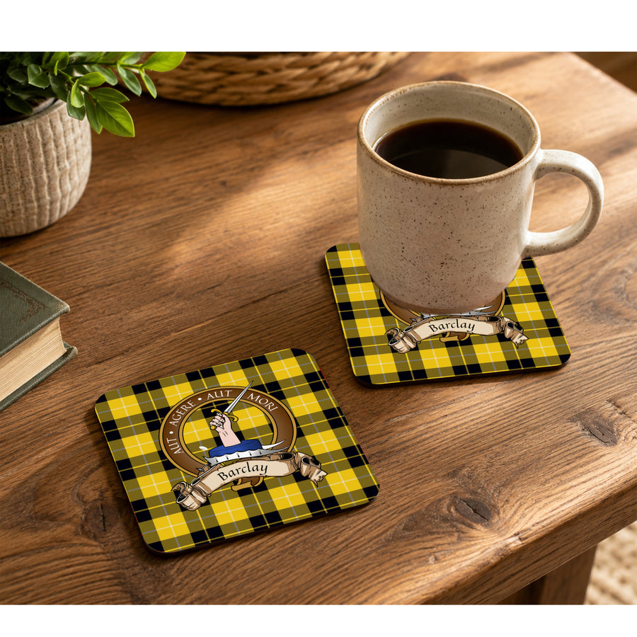 Barclay Scottish Clan Crest Rubber Coasters - Brown Design Set of 4