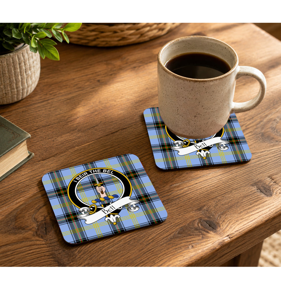 Bell Scottish Clan Crest Rubber Coasters - Black Design Set of 4