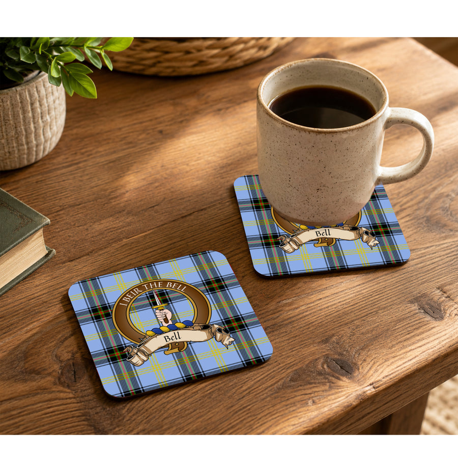 Bell Scottish Clan Crest Rubber Coasters - Brown Design Set of 4