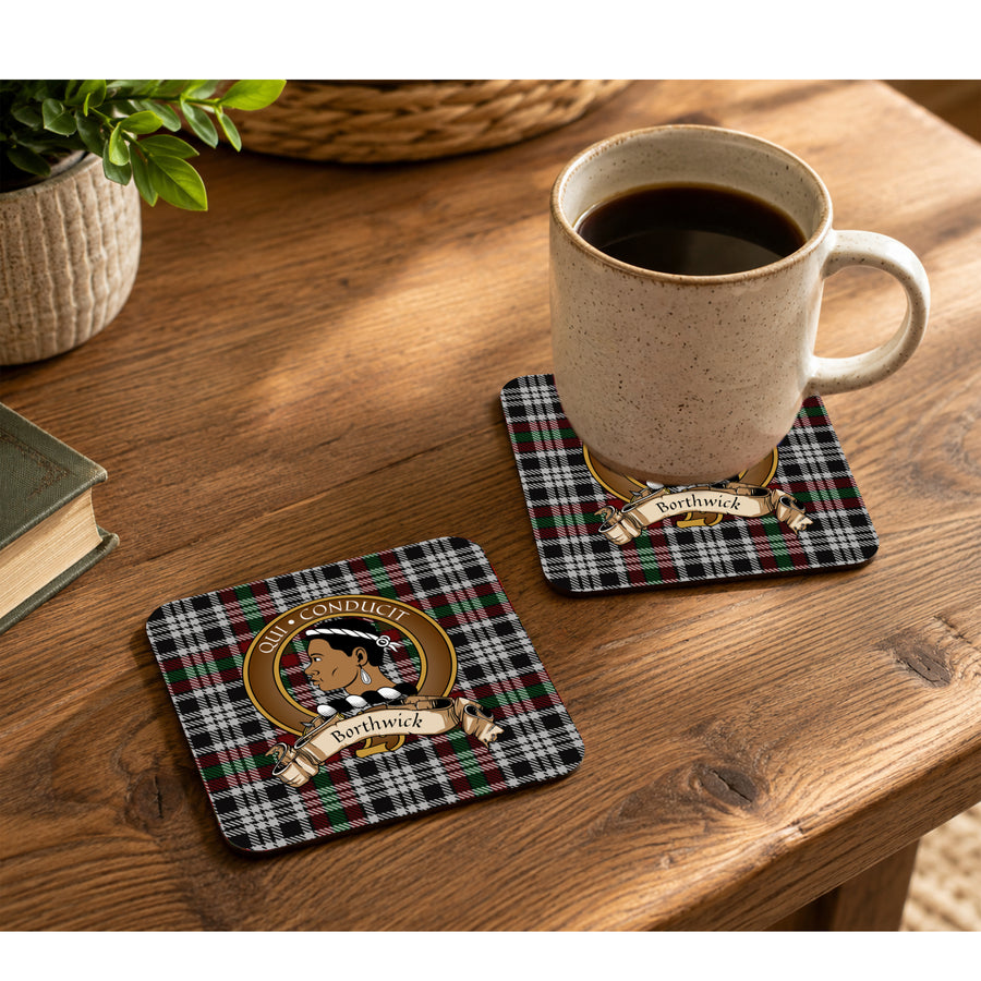 Borthwick Scottish Clan Crest Rubber Coasters - Brown Design Set of 4