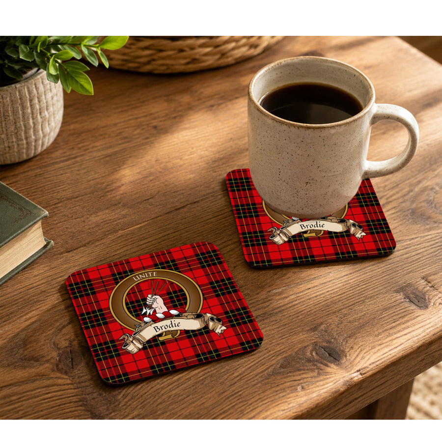 Brodie Scottish Clan Crest Rubber Coasters - Brown Design Set of 4