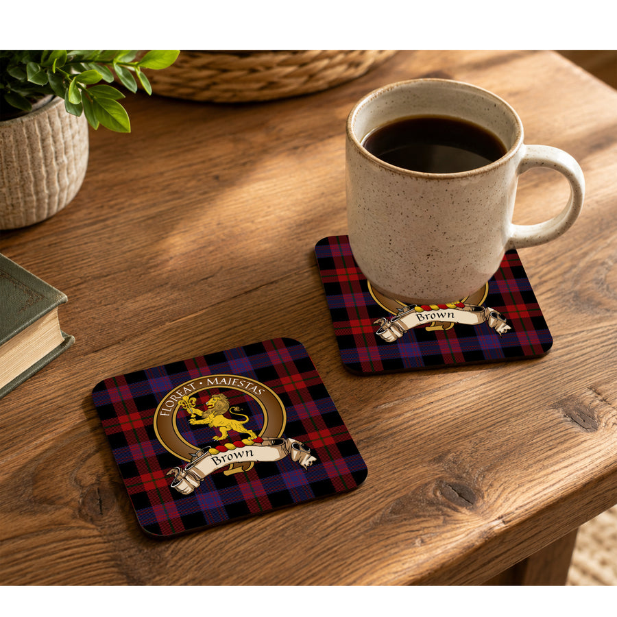 Brown Scottish Clan Crest Rubber Coasters - Brown Design Set of 4
