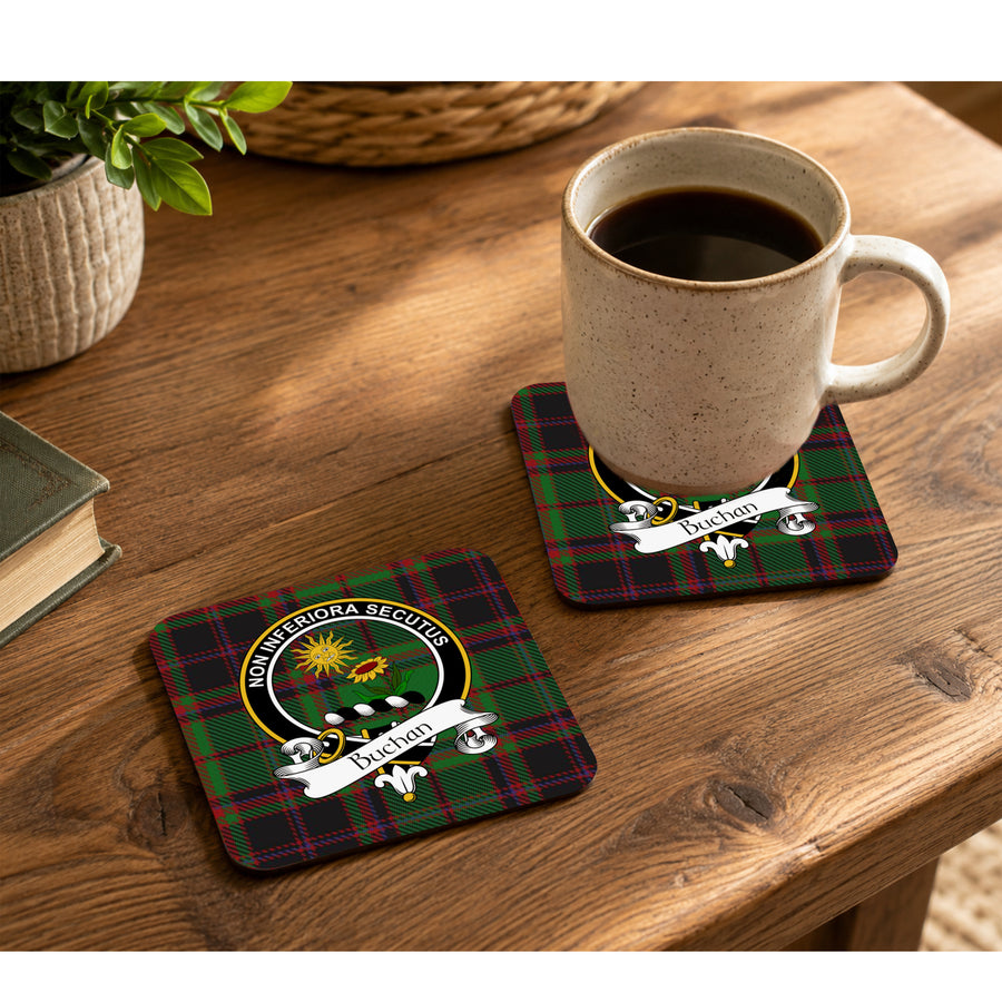 Buchan Scottish Clan Crest Rubber Coasters - Black Design Set of 4