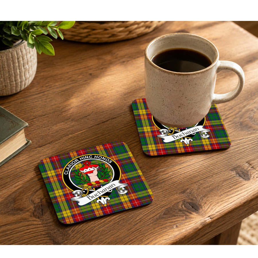 Buchanan Scottish Clan Crest Rubber Coasters - Black Design Set of 4