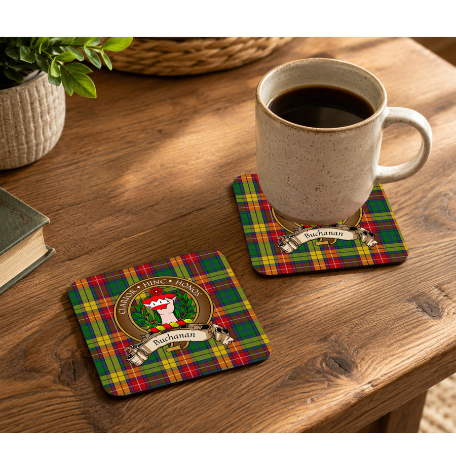 Buchanan Scottish Clan Crest Rubber Coasters - Brown Design Set of 4