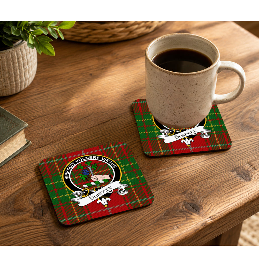Burnett Scottish Clan Crest Rubber Coasters - Black Design Set of 4