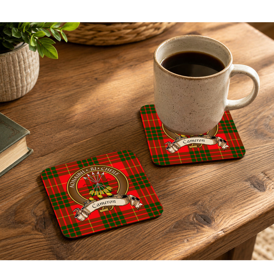 Cameron Scottish Clan Crest Rubber Coasters - Brown Design Set of 4