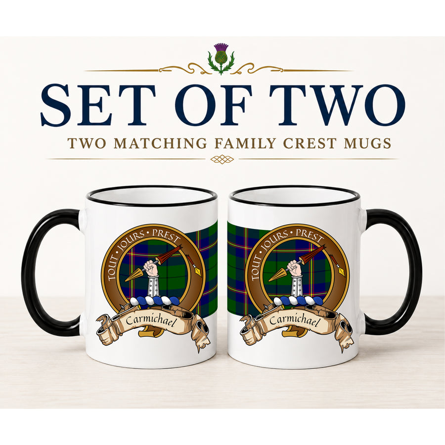Carmichael Scottish Clan Crest 11 oz Mugs – Brown Crest Design | Set of 2