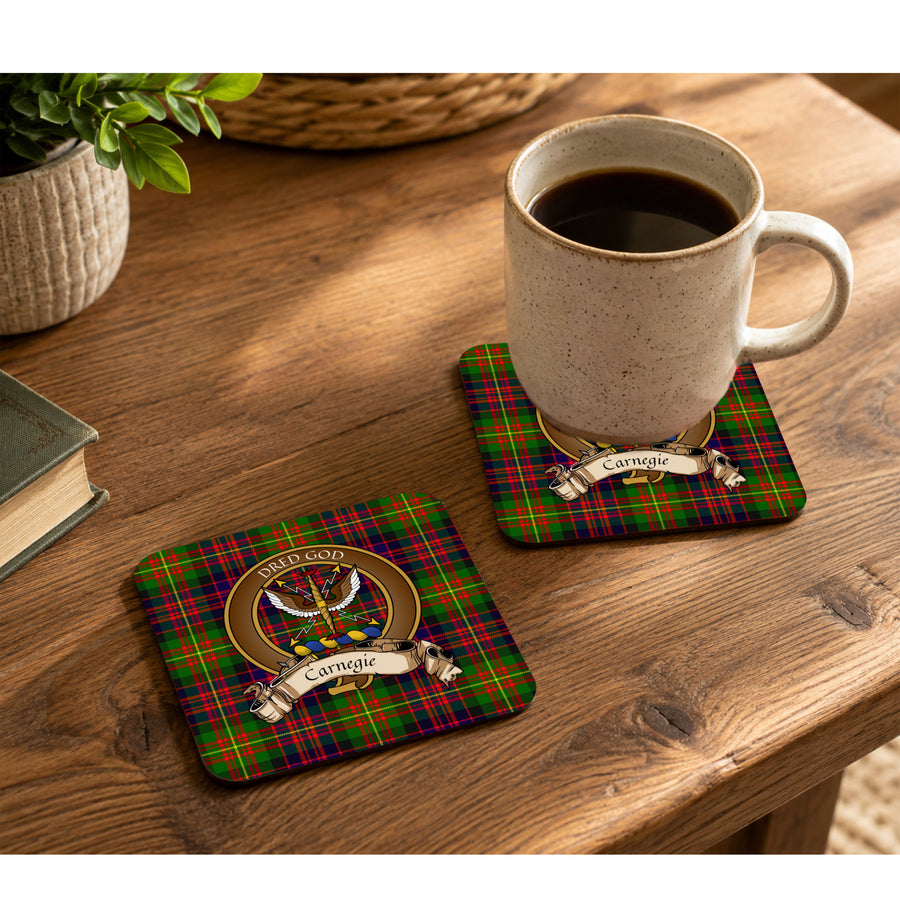 Carnegie Scottish Clan Crest Rubber Coasters - Brown Design Set of 4