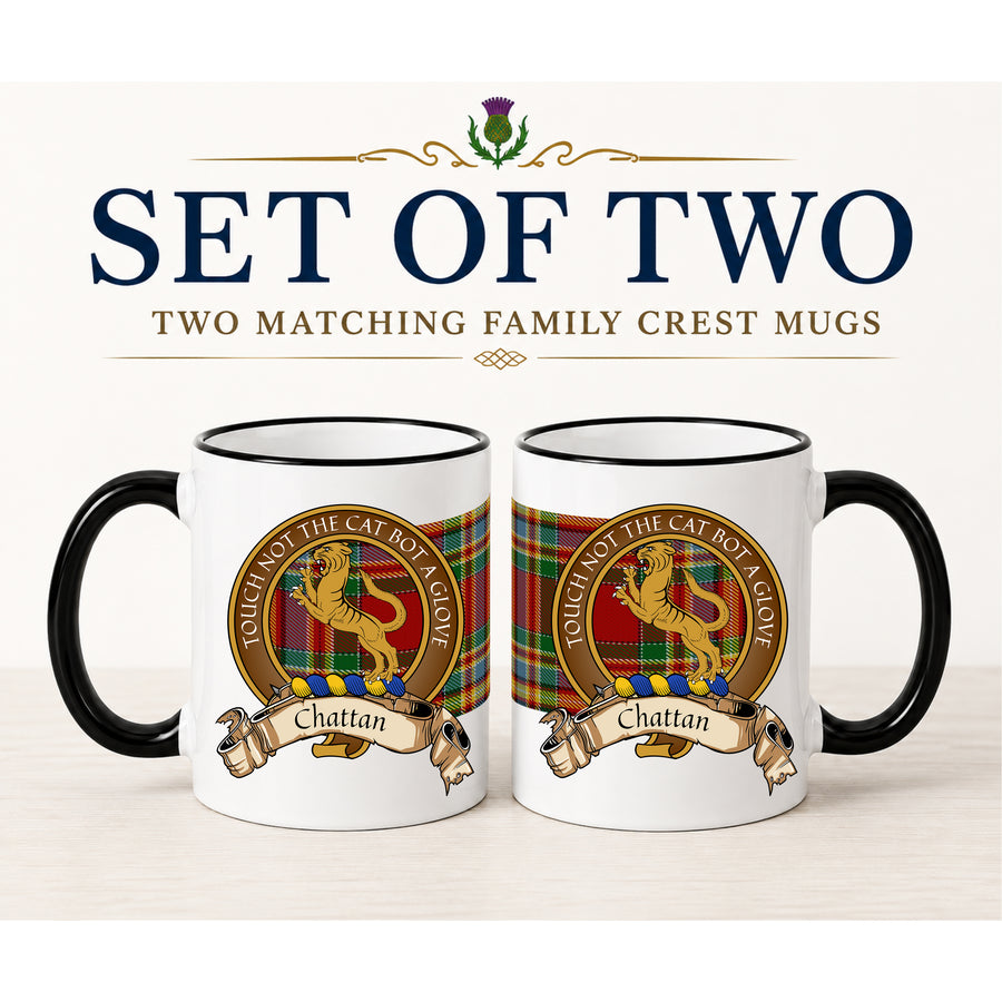 Chattan Scottish Clan Crest 11 oz Mugs – Brown Crest Design | Set of 2