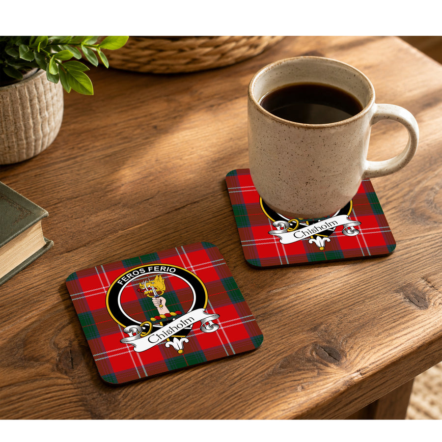 Chisholm Scottish Clan Crest Rubber Coasters - Black Design Set of 4