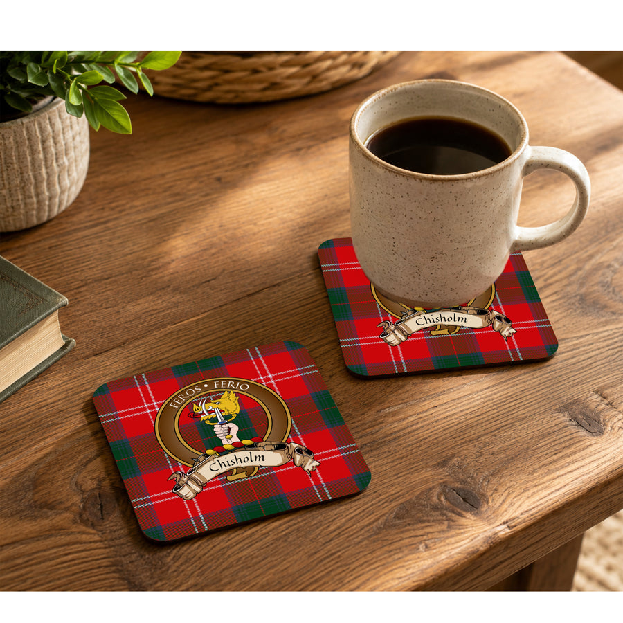 Chisholm Scottish Clan Crest Rubber Coasters - Brown Design Set of 4