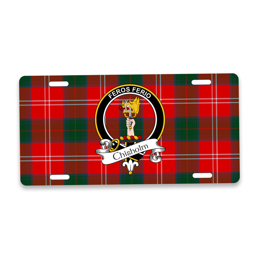 Chisholm Scottish Clan Crest Auto License Plate – Black Crest Design