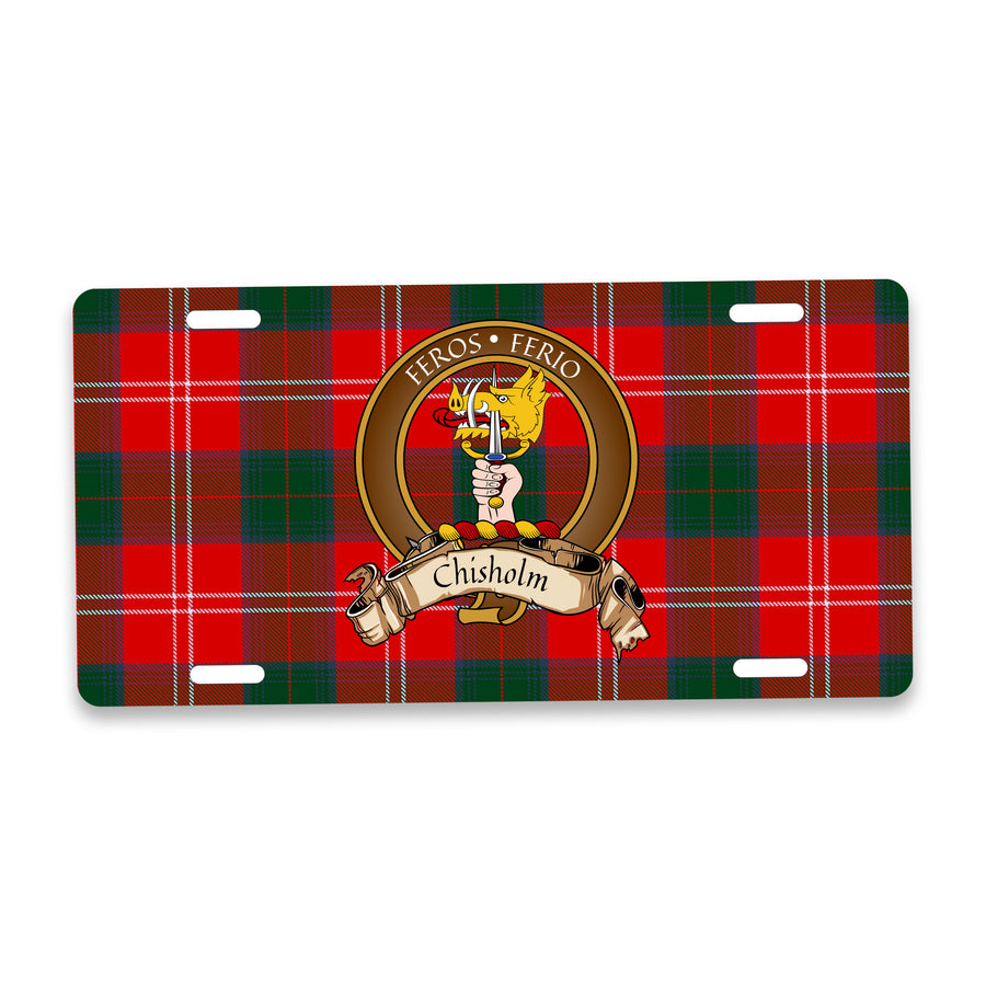 Chisholm Scottish Clan Crest Auto License Plate – Brown Crest Design
