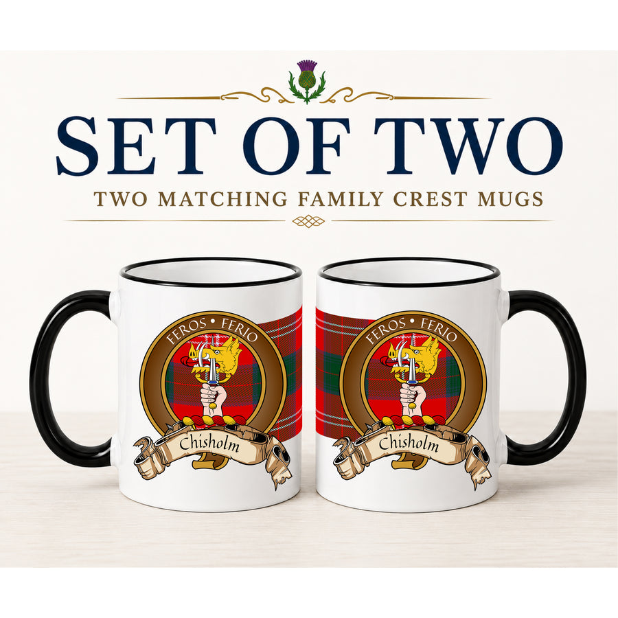 Chisholm Scottish Clan Crest 11 oz Mugs – Brown Crest Design | Set of 2