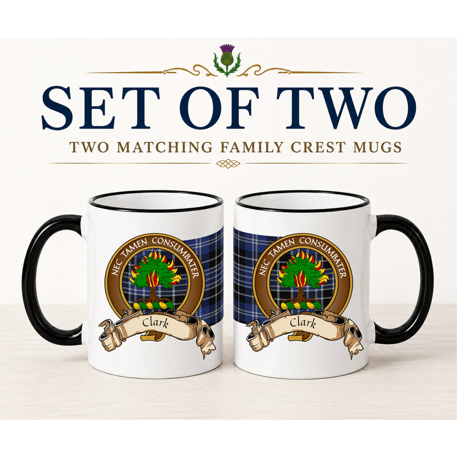 Clark Scottish Clan Crest 11 oz Mugs – Brown Crest Design | Set of 2