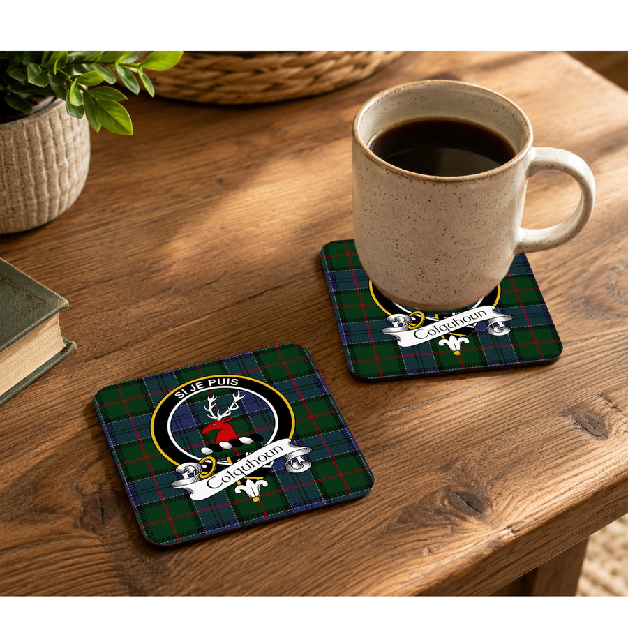 Colquhoun Scottish Clan Crest Rubber Coasters - Black Design Set of 4