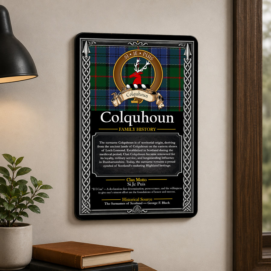 Colquhoun Scottish Family History Metal Sign – Brown Crest