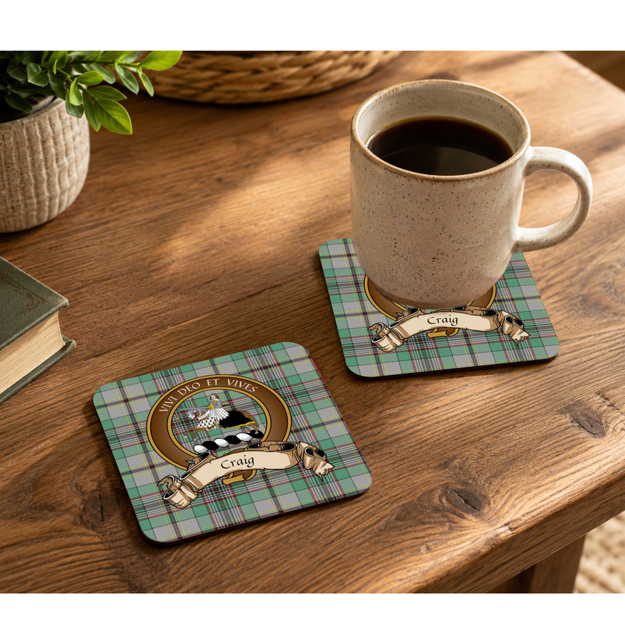 Craig Scottish Clan Crest Rubber Coasters - Brown Design Set of 4
