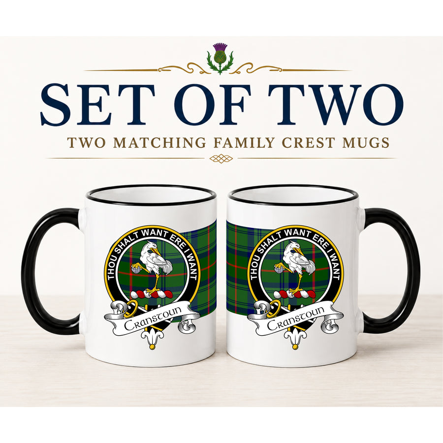Cranstoun Scottish Clan Crest 11 oz Mugs – Black Crest Design | Set of 2