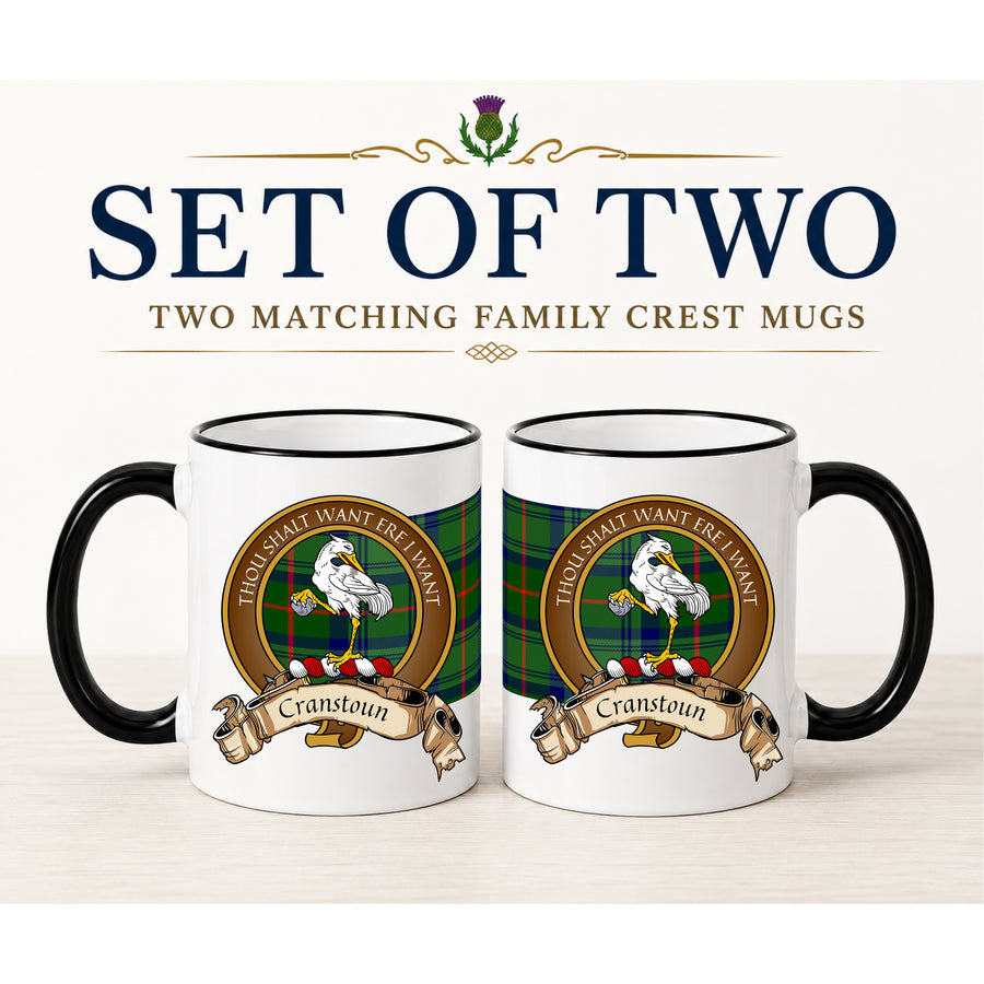 Cranstoun Scottish Clan Crest 11 oz Mugs – Brown Crest Design | Set of 2