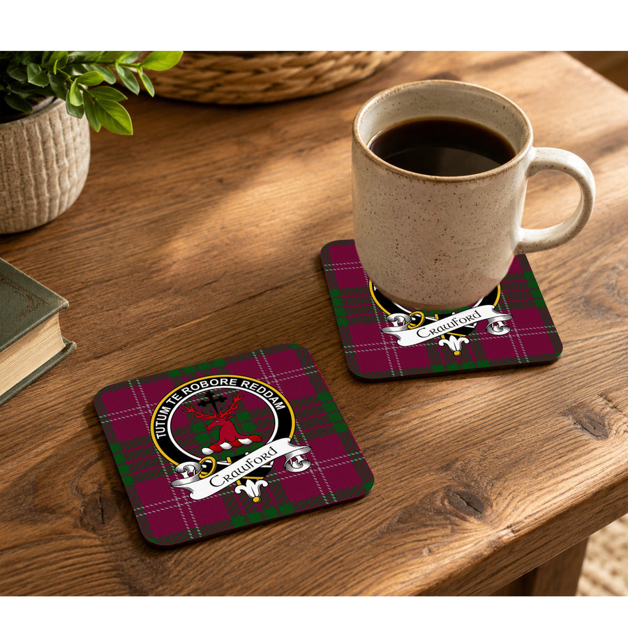 Crawford Scottish Clan Crest Rubber Coasters - Black Design Set of 4