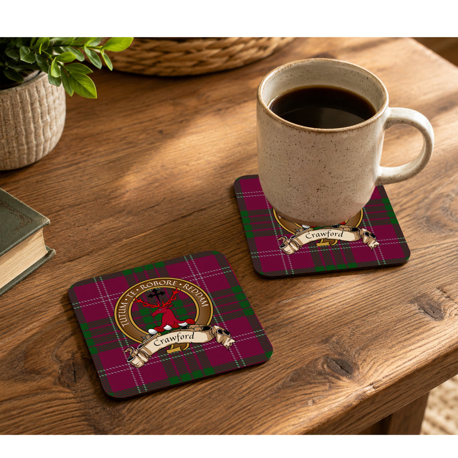 Crawford Scottish Clan Crest Rubber Coasters - Brown Design Set of 4