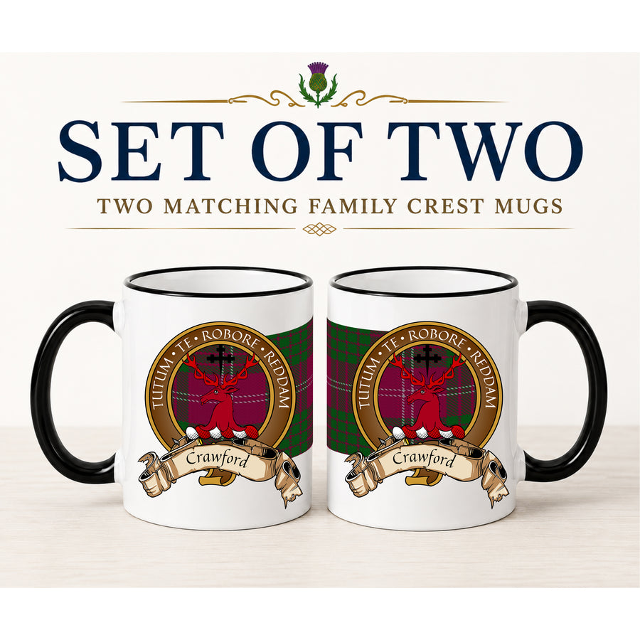 Crawford Scottish Clan Crest 11 oz Mugs – Brown Crest Design | Set of 2