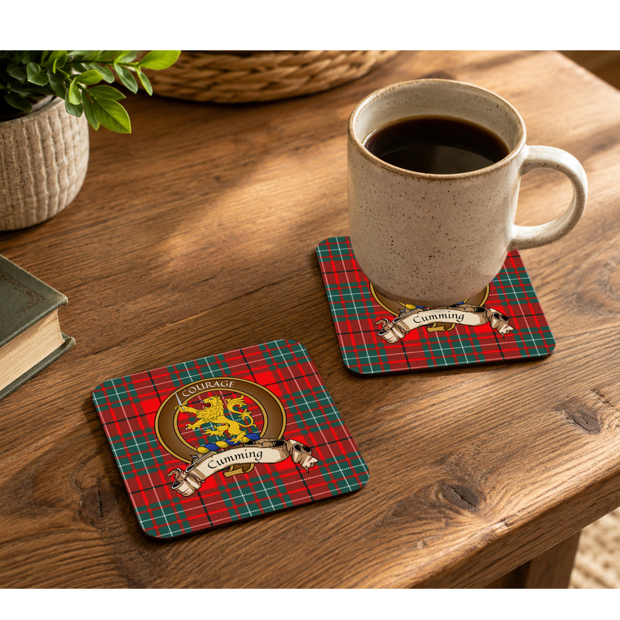 Cumming Scottish Clan Crest Rubber Coasters - Brown Design Set of 4