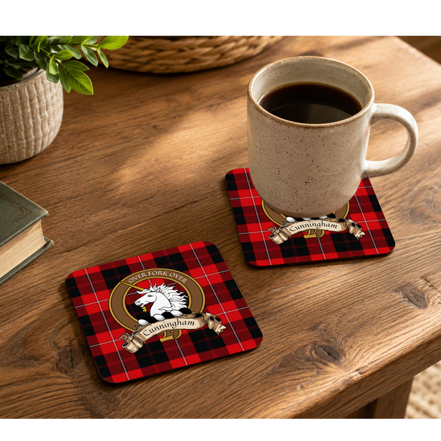 Cunningham Scottish Clan Crest Rubber Coasters - Brown Design Set of 4