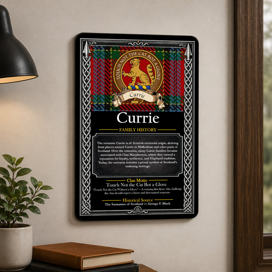 Currie Scottish Family History Metal Sign – Brown Crest