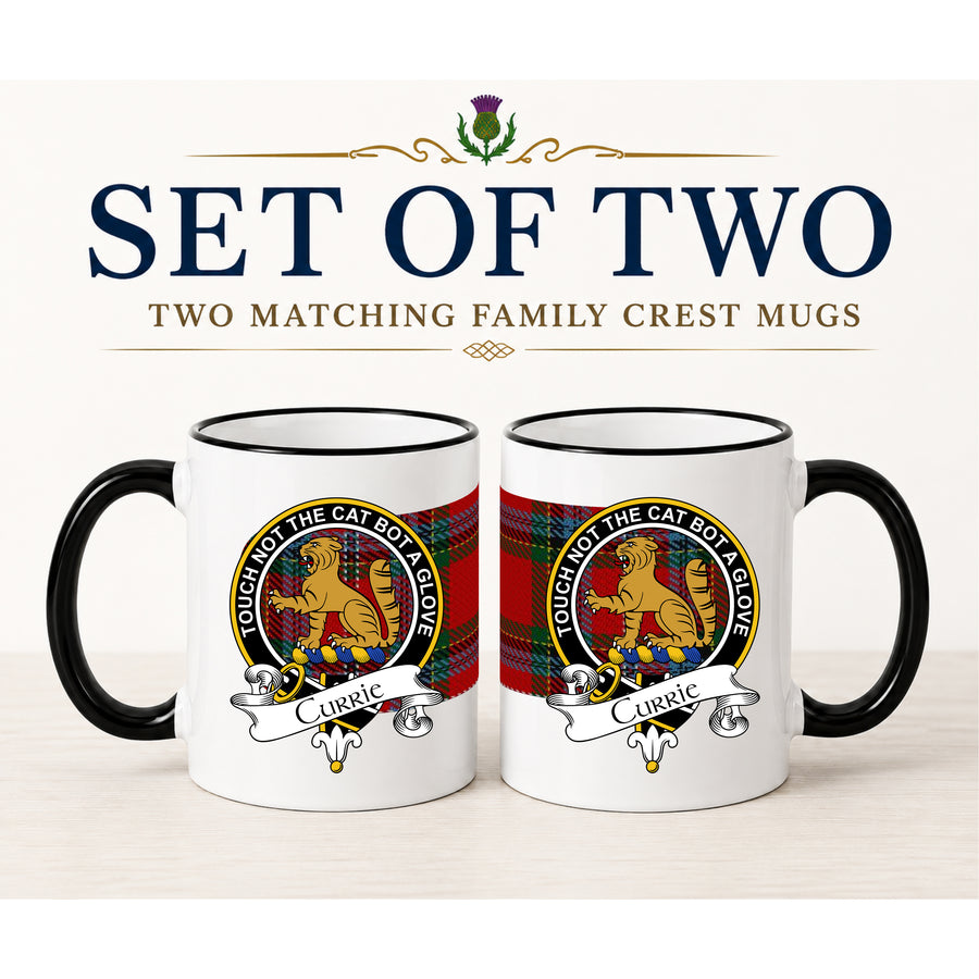 Currie Scottish Clan Crest 11 oz Mugs – Black Crest Design | Set of 2