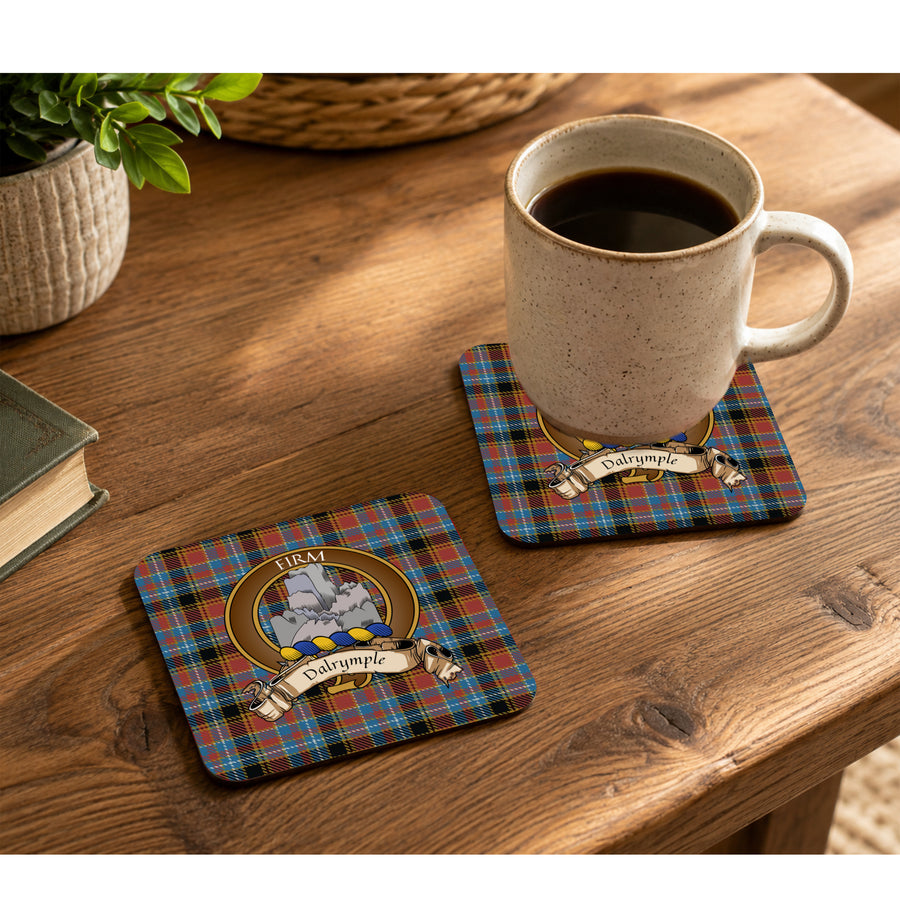 Dalrymple Scottish Clan Crest Rubber Coasters - Brown Design Set of 4