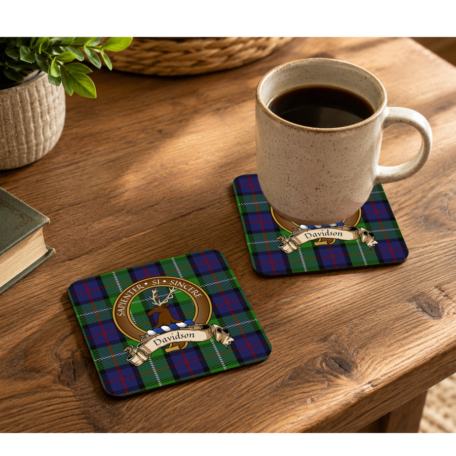 Davidson Scottish Clan Crest Rubber Coasters - Brown Design Set of 4