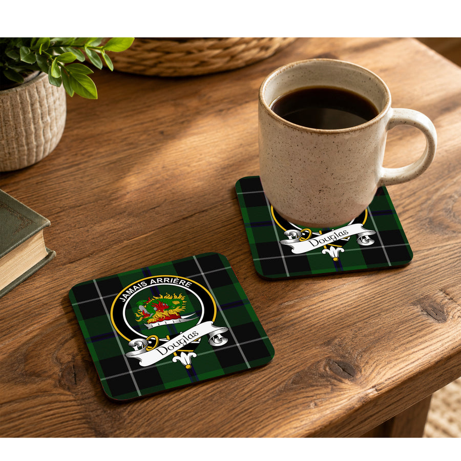 Douglas Scottish Clan Crest Rubber Coasters - Black Design Set of 4