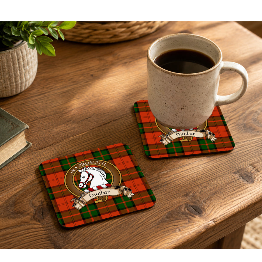 Dunbar Scottish Clan Crest Rubber Coasters - Brown Design Set of 4