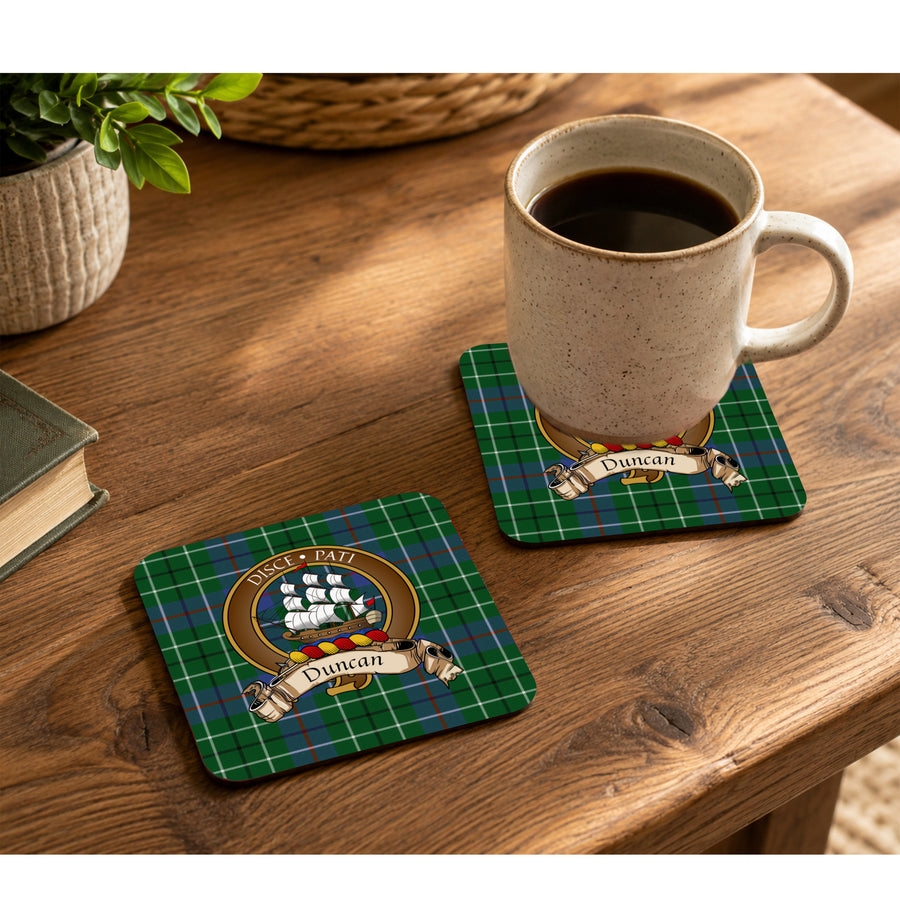 Duncan Scottish Clan Crest Rubber Coasters - Brown Design Set of 4