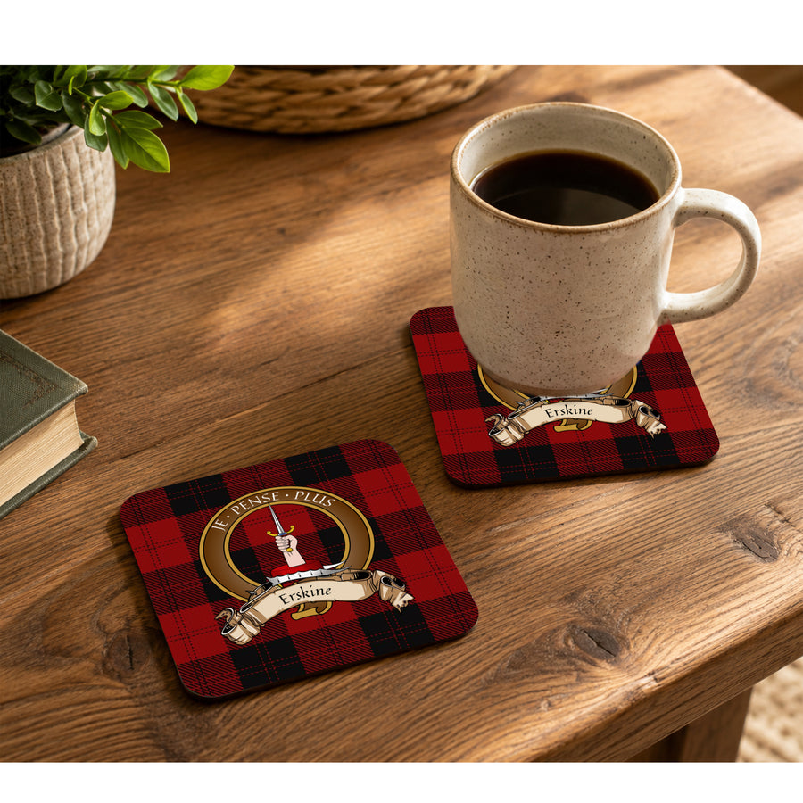 Erskine Scottish Clan Crest Rubber Coasters - Brown Design Set of 4