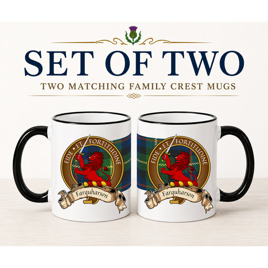Farquharson Scottish Clan Crest 11 oz Mugs – Brown Crest Design | Set of 2