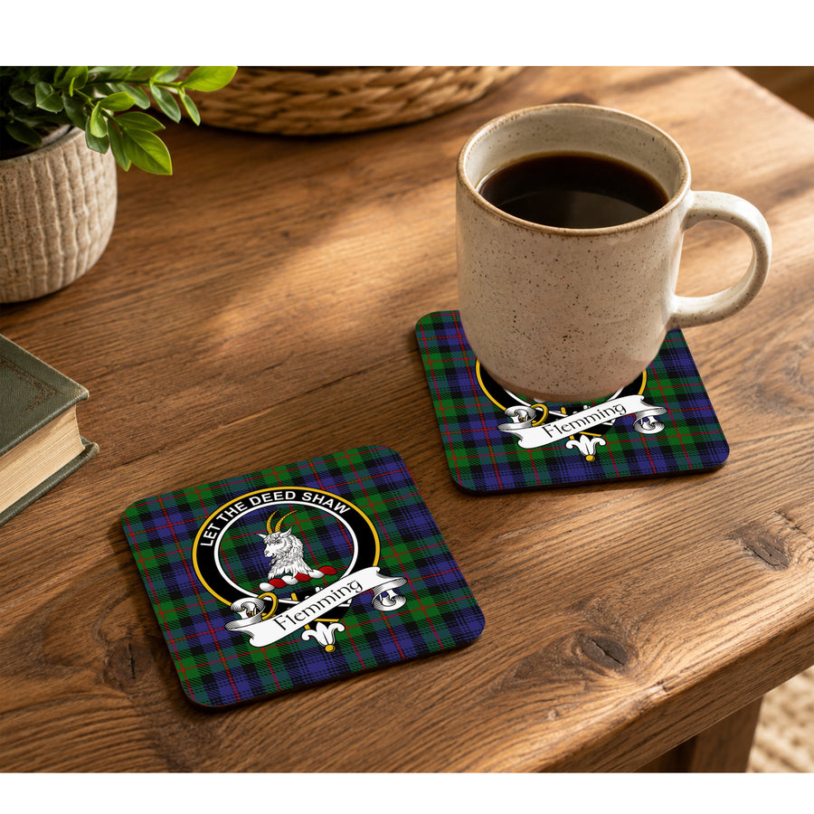 Flemming Scottish Clan Crest Rubber Coasters - Black Design Set of 4