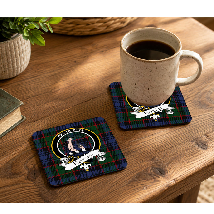 Fletcher Scottish Clan Crest Rubber Coasters - Black Design Set of 4