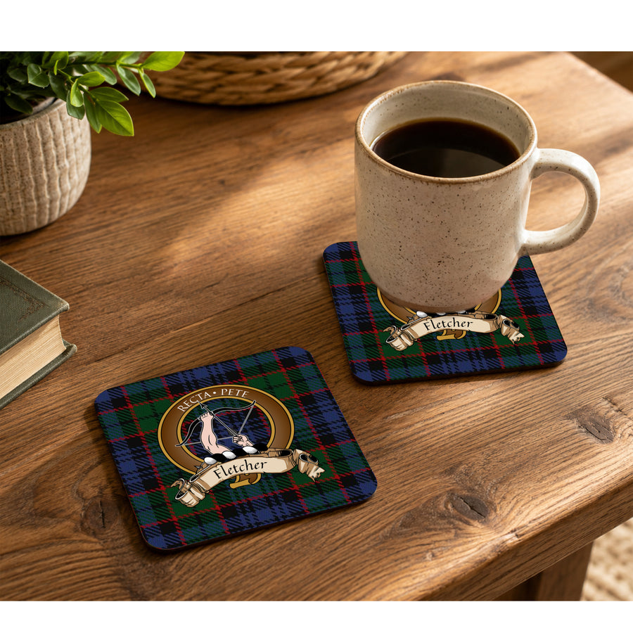 Fletcher Scottish Clan Crest Rubber Coasters - Brown Design Set of 4