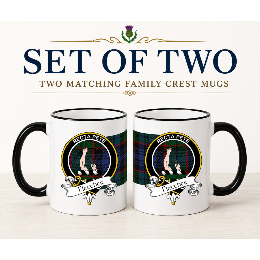 Fletcher Scottish Clan Crest 11 oz Mugs – Black Crest Design | Set of 2