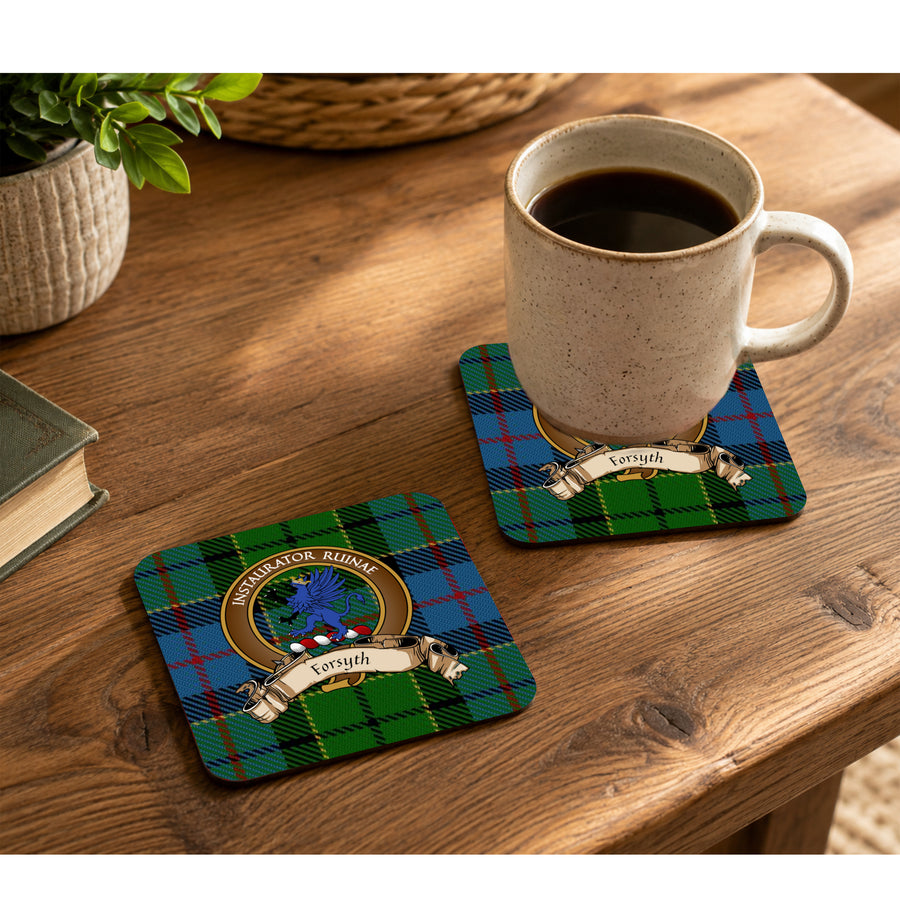 Forsyth Scottish Clan Crest Rubber Coasters - Brown Design Set of 4