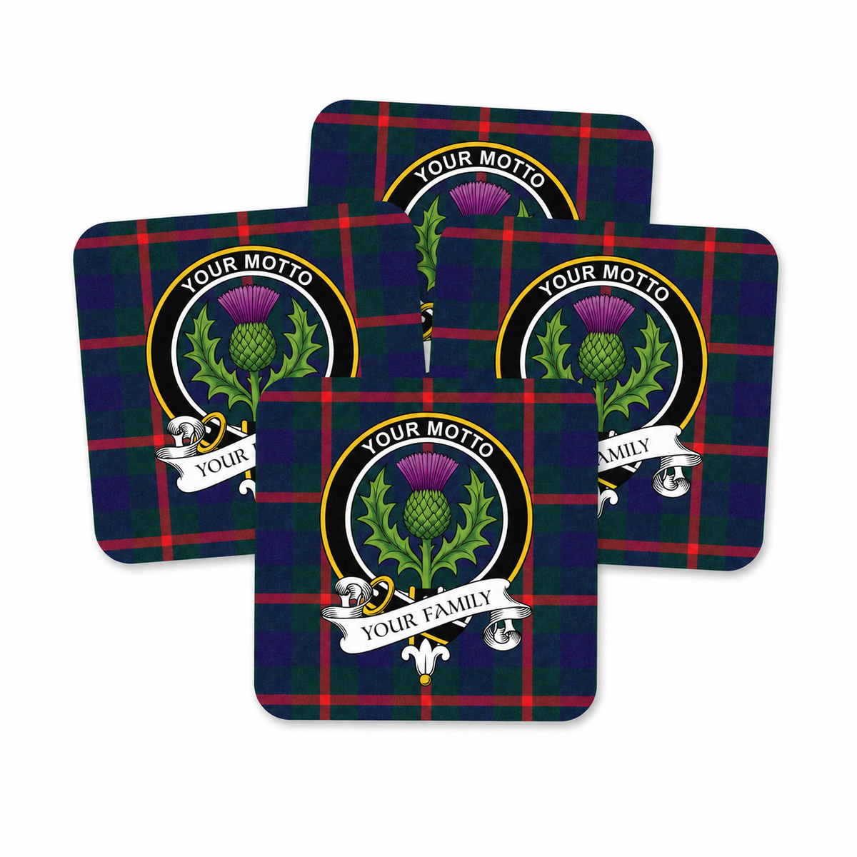 Scottish Clan Crest Rubber Coasters - Black Design Set of 4