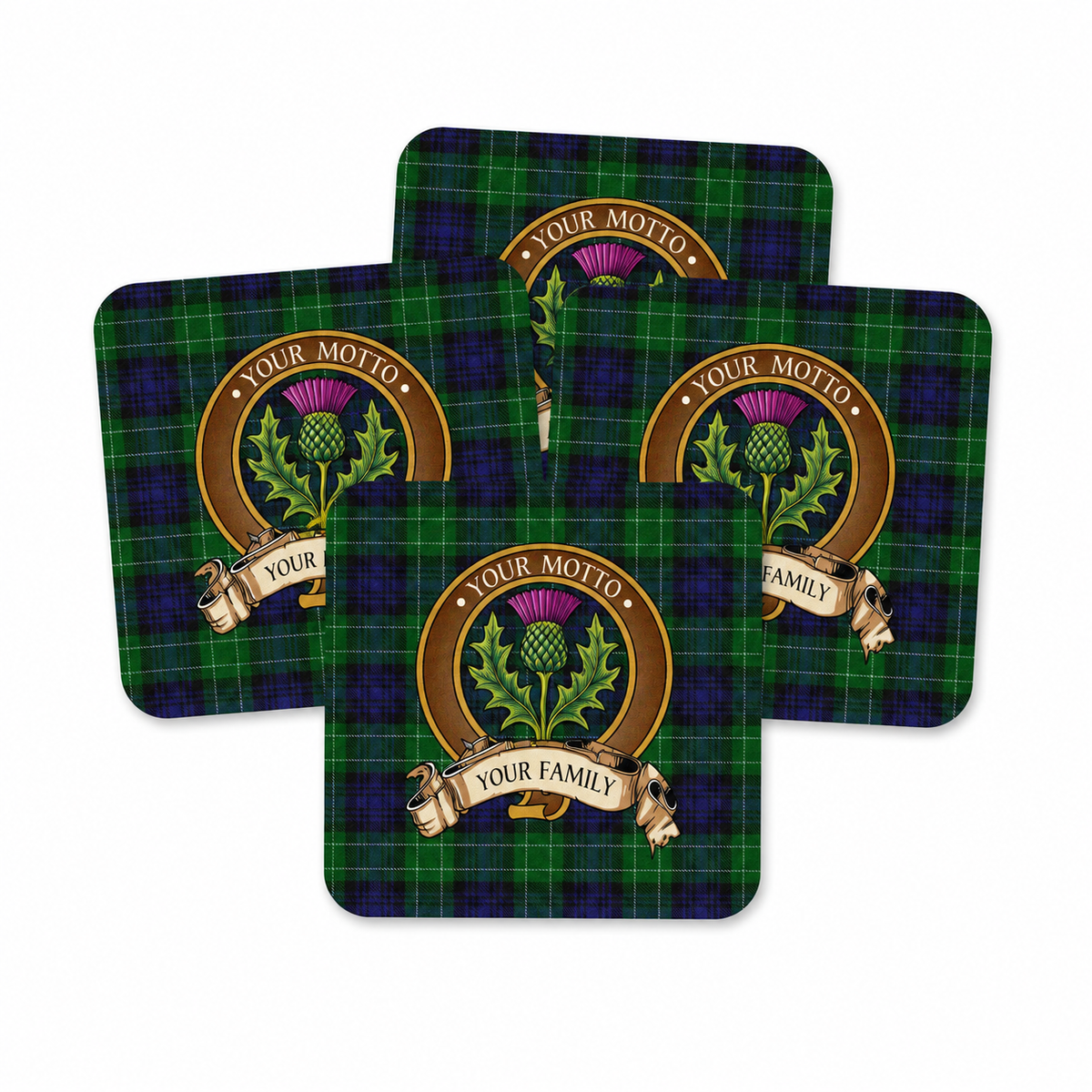 Scottish Clan Crest Rubber Coasters - Brown Design Set of 4